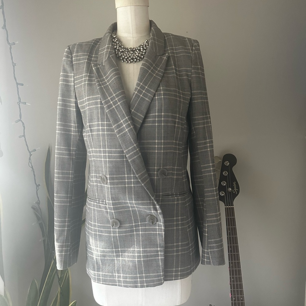 H&M Women’s Double-Breasted Gray Plaid Lined Blazer Size 2